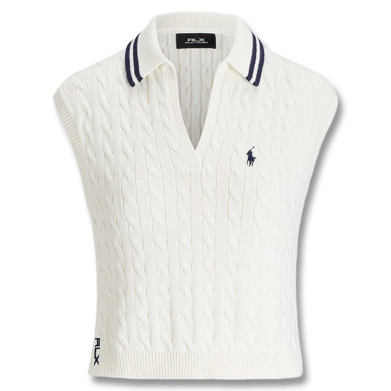 Ralph Lauren Wool Blend Cabel Knit V-Neck w/Johnny Collar Golf Polo White Splash/Refined Navy – SP25 Women
