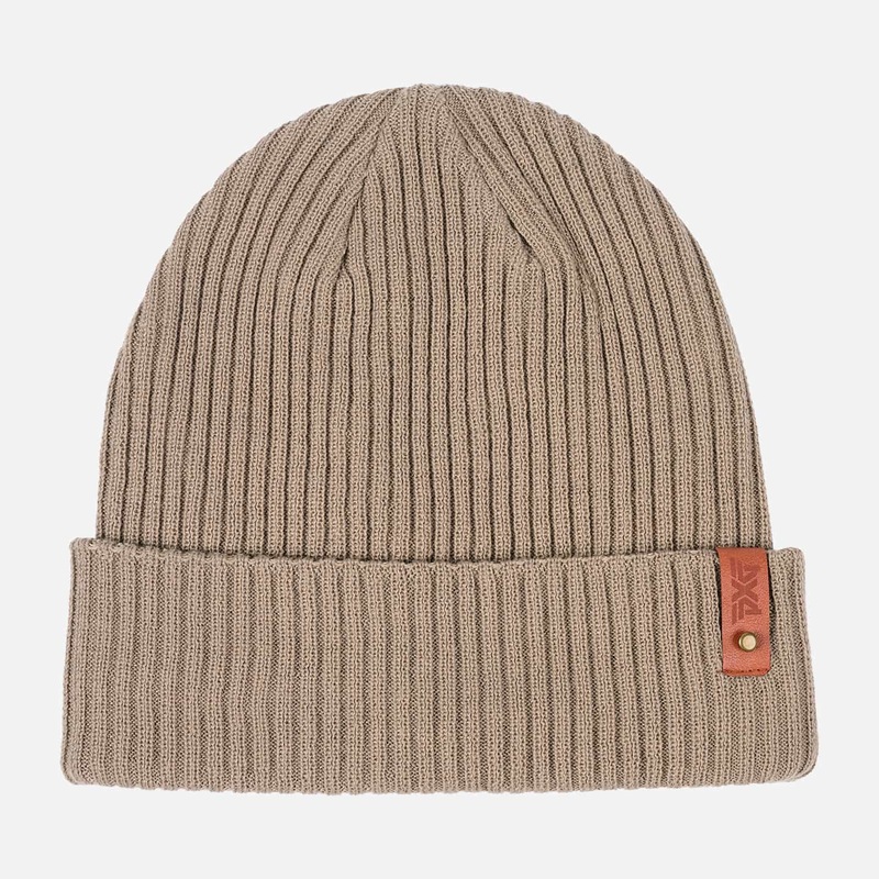 Rib Knit Cuff Beanie – Taupe/Rust – One Size