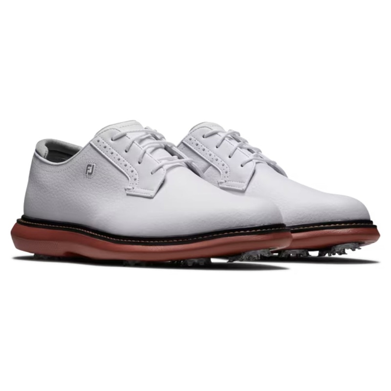 FootJoy Mens Traditions Blucher Cleated Golf Shoes – White/White/Brick