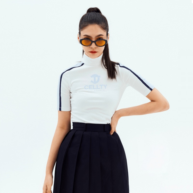 Cellty Women Side Line Mock Neck Half Sleeve